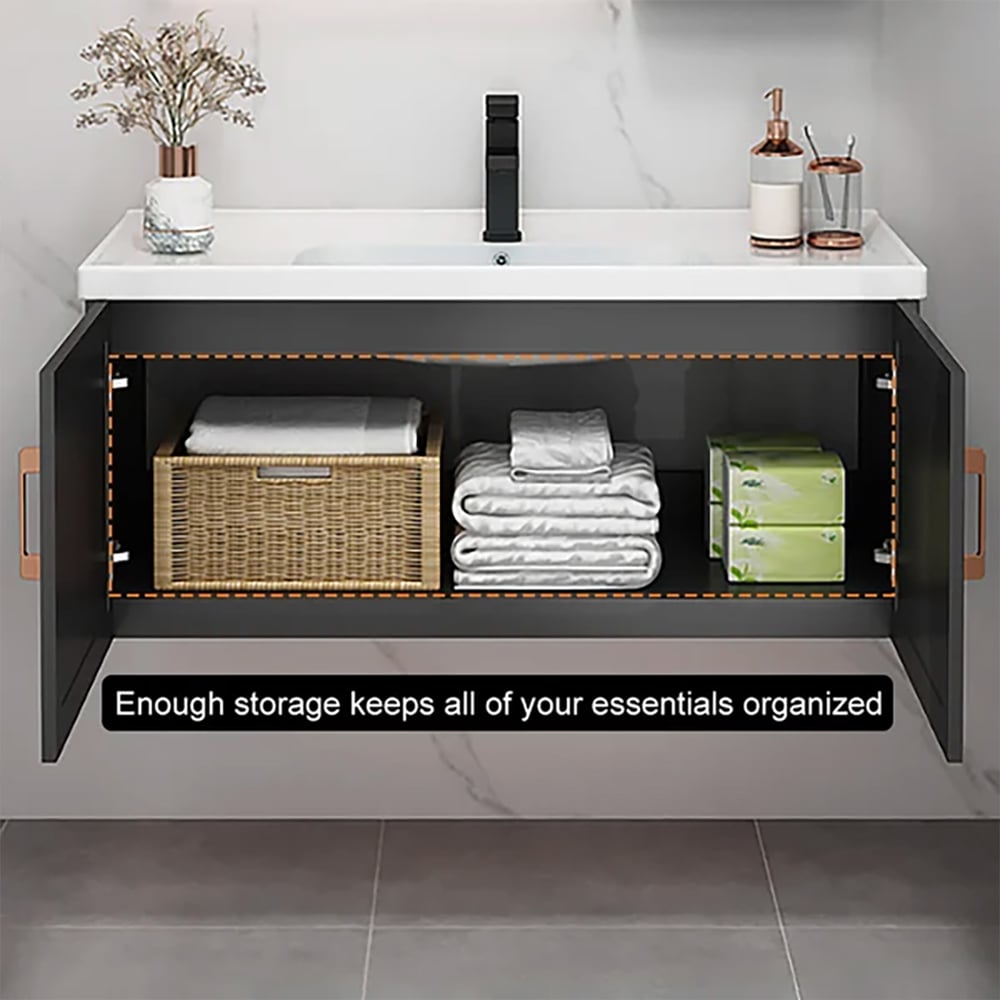 Bathroom Vanity Set 35.8" Floating Ceramic Bathroom Vanity Black with Sink