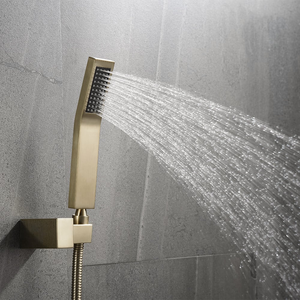 Ridge Wall-Mount Waterfall Bathtub Faucet Tub Filler with Hand Shower in Brushed Gold