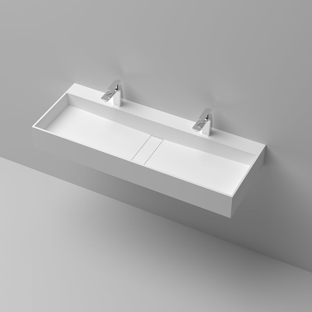 47 Inch Wall-Mount Double Sink Stone Resin Matte White Floating Trough Bathroom Sink