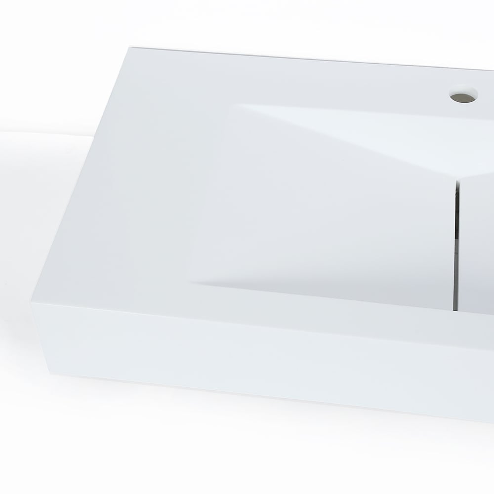 Glossy White Wall-Mount Floating Sink Solid Surface Stone Resin Bathroom V-Shaped Sink