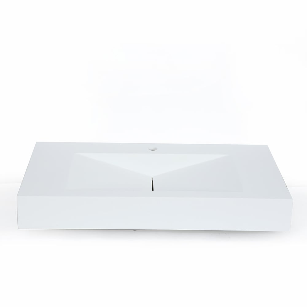 Matte White Wall-Mount Floating Sink Solid Surface Stone Resin Bathroom V-Shaped Sink