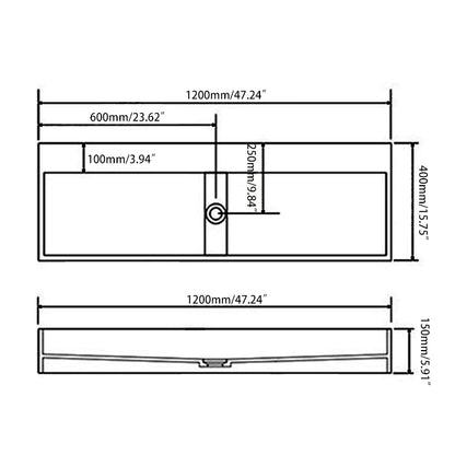 47 Inch Wall-Mount Double Sink Stone Resin Glossy White Floating Trough Bathroom Sink