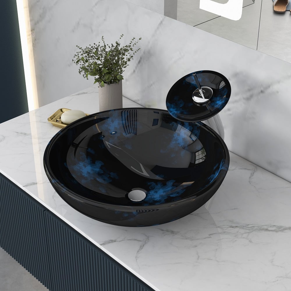 Dark Blue Tempered Glass Circular Vessel Sink Waterfall Faucet Set Pop-Up Drain Included