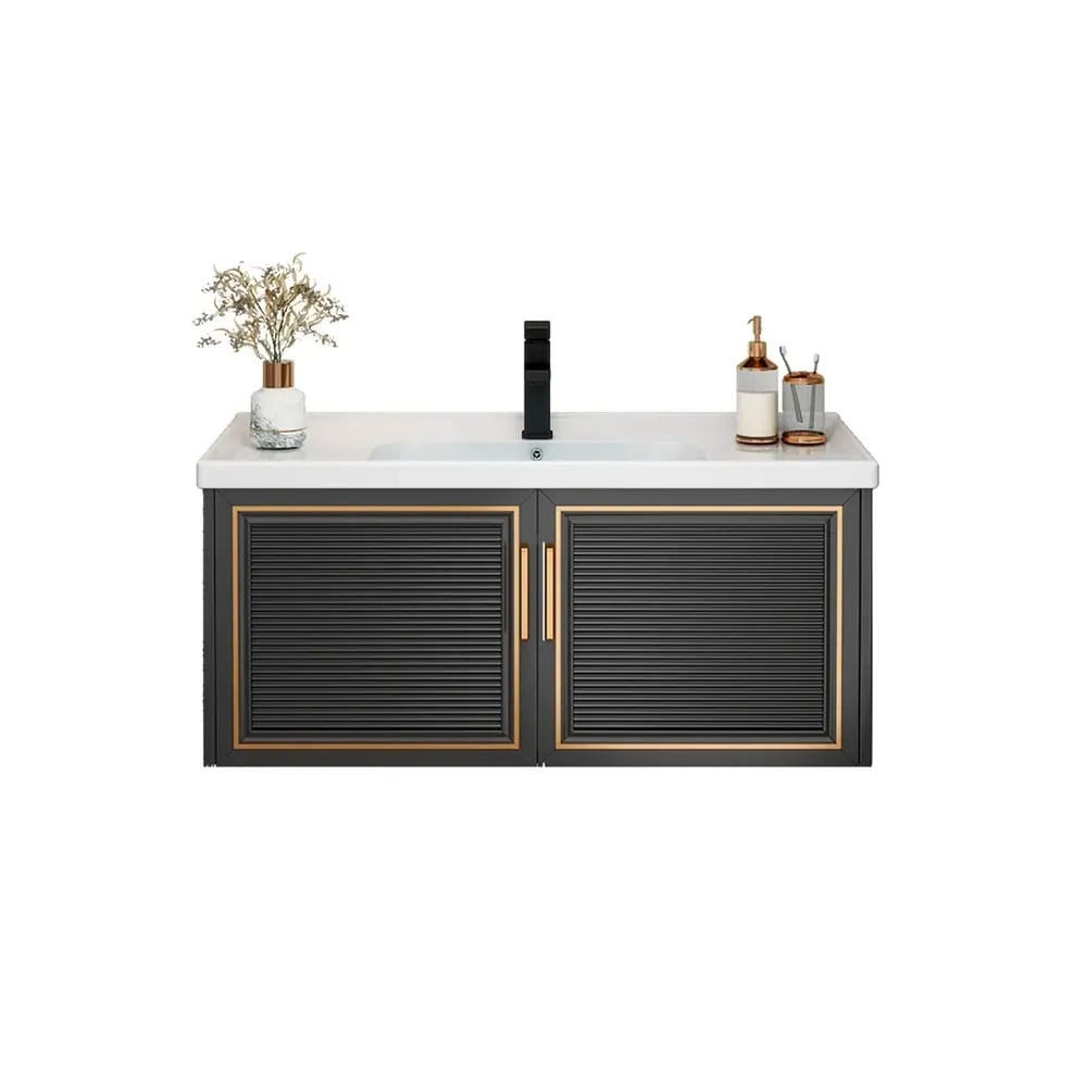 Bathroom Vanity Set 35.8" Floating Ceramic Bathroom Vanity Black with Sink