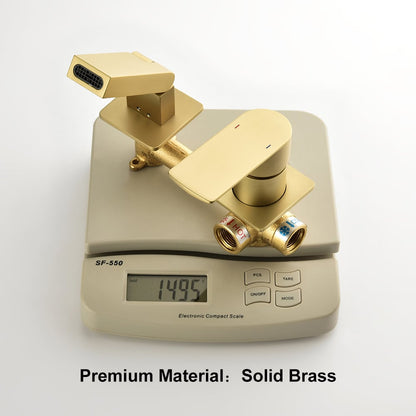 Brushed Gold Waterfall Bathroom Sink Faucet with Swirling Spout Wall-Mounted Solid Brass