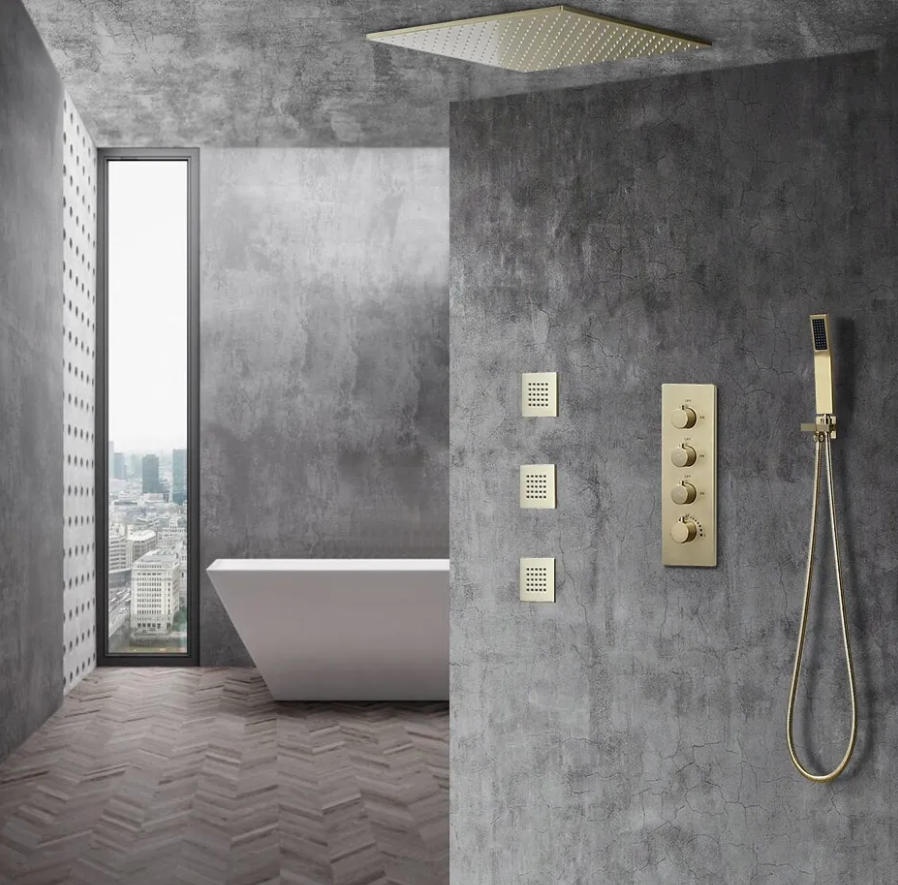 16" Thermostatic Rain Shower System with Hand Shower & 3 Body Jet Sprays in Brushed Gold