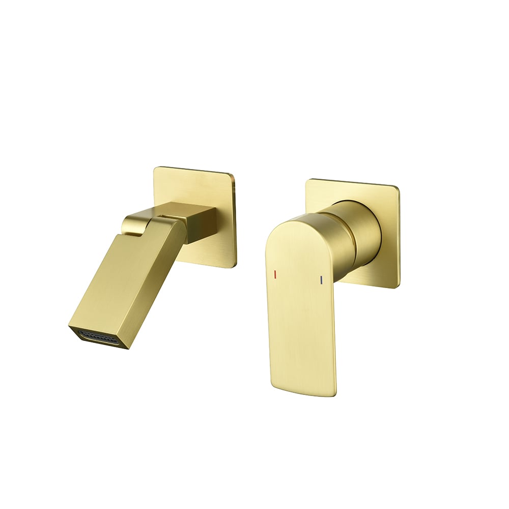 Brushed Gold Waterfall Bathroom Sink Faucet with Swirling Spout Wall-Mounted Solid Brass