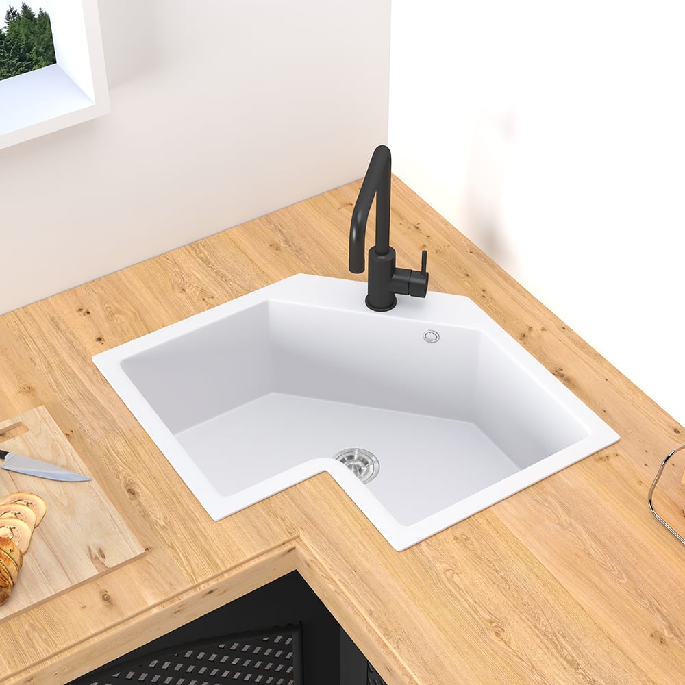 Drop In Corner Irregular Kitchen Sink White 25" Quartz