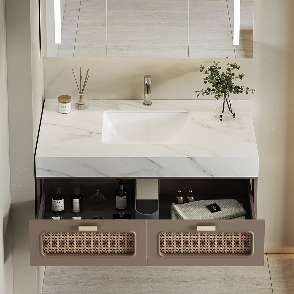 35" Floating Single Bathroom Vanity with Faux Marble Top Rattan Door
