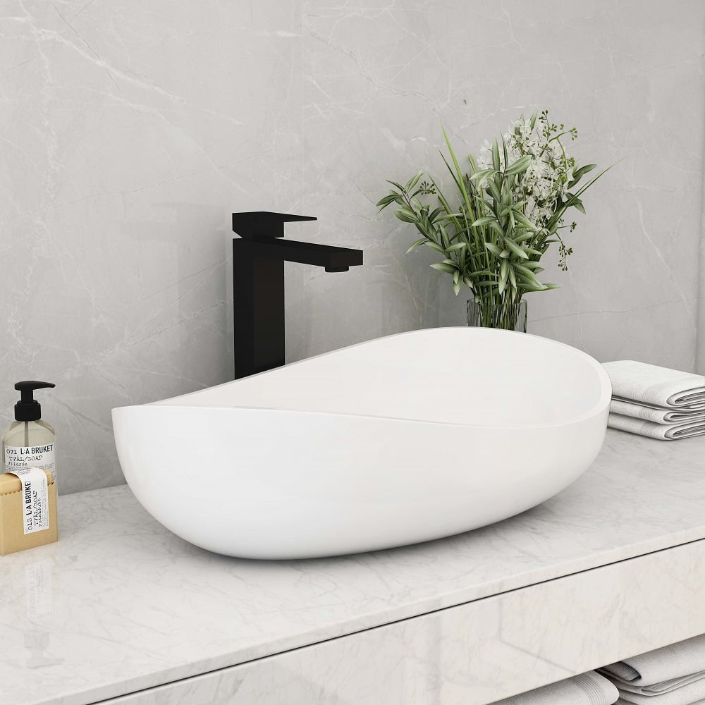 Bathroom Stone Resin Oval Vessel Sink Modern Art Sink Glossy White with Pop Up Drain