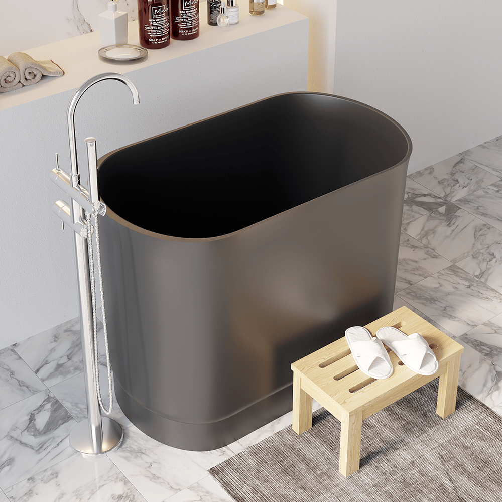 40" Modern Deep Oval Freestanding Matte Black Stone Resin Japanese Soaking Bathtub