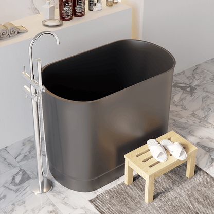 40" Modern Deep Oval Freestanding Matte Black Stone Resin Japanese Soaking Bathtub