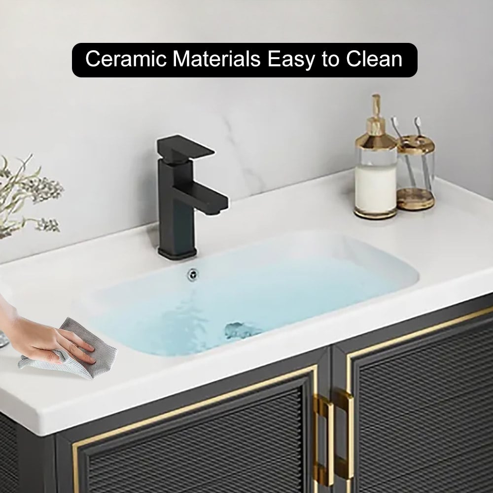 Bathroom Vanity Set 35.8" Floating Ceramic Bathroom Vanity Black with Sink