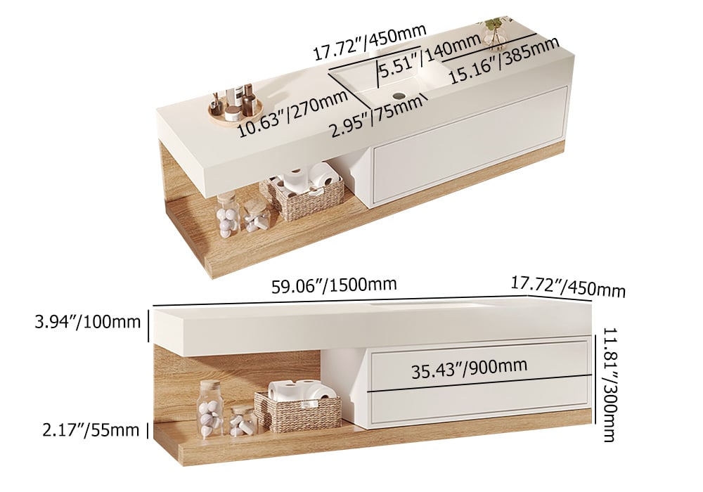 59" Floating Bathroom Vanity & LED Medicine Cabinet Set
