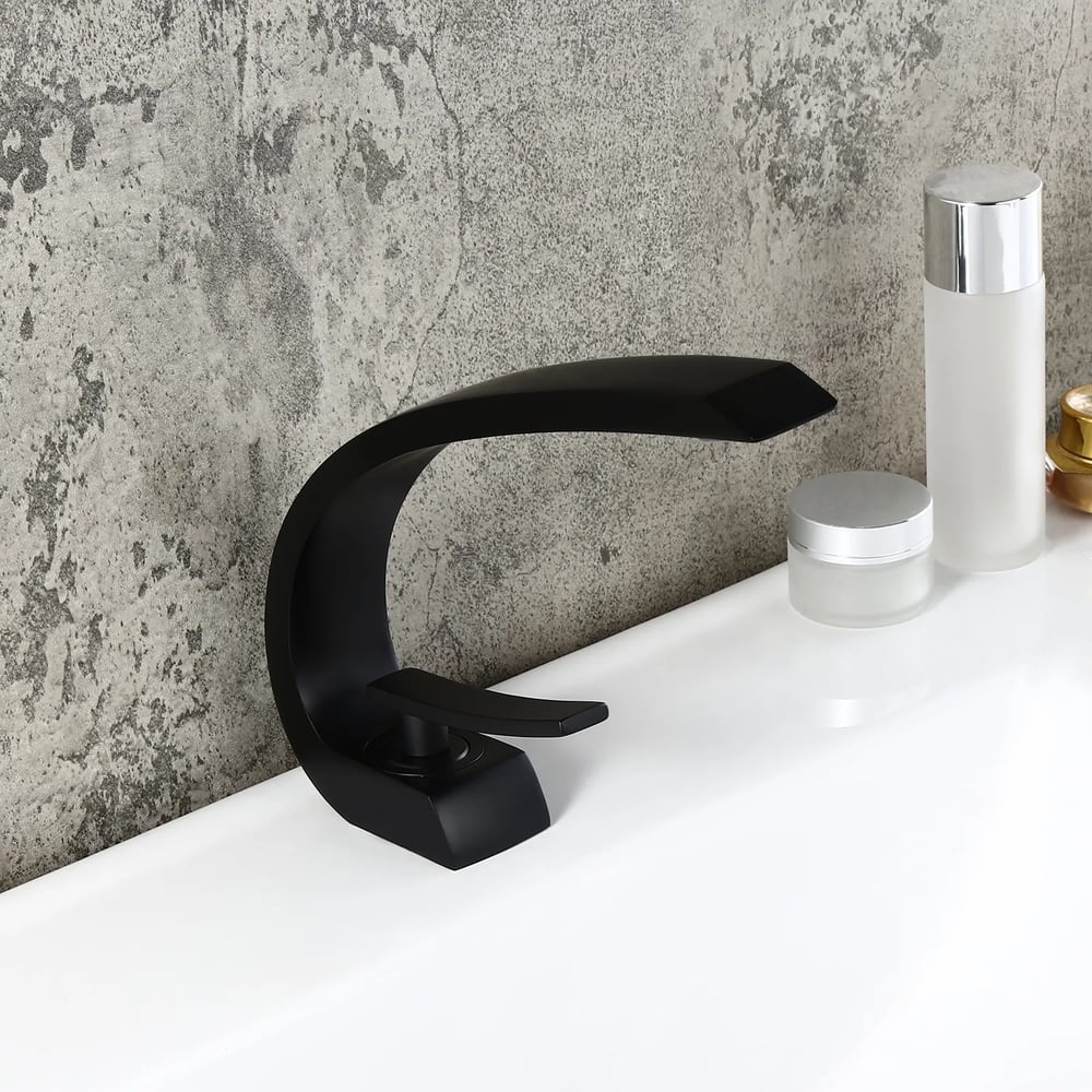 Modern Single Hole 1-Handle C-Shaped Curved Spout Bathroom Sink Faucet with Pop Up Drain in Matte Black