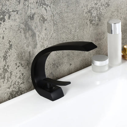 Modern Single Hole 1-Handle C-Shaped Curved Spout Bathroom Sink Faucet with Pop Up Drain in Matte Black