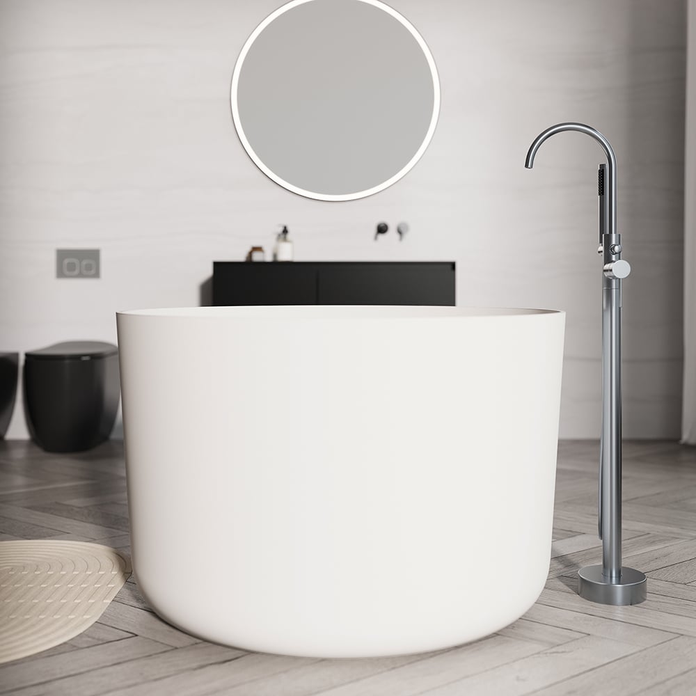 41" Japanese Modern Round  Freestanding Stone Soaking Bathtub White