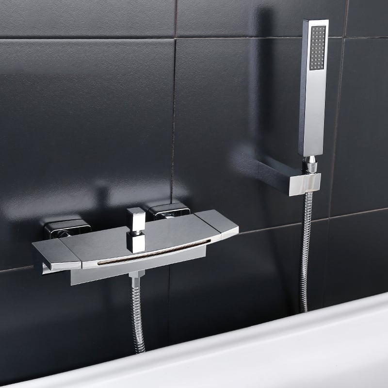 Contemporary Wall Mount Waterfall 2-Handle Chrome Bathtub Filler Faucet with Hand Shower