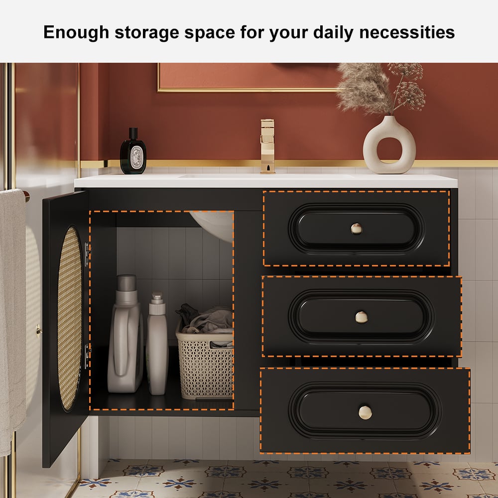 31" Black Floating Bathroom Vanity Set Undermount Ceramic Sink with Rattan Door Cabinet