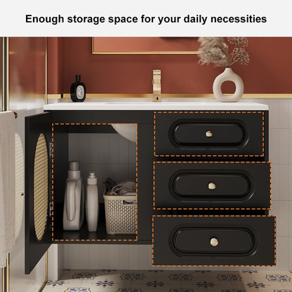 31" Black Floating Bathroom Vanity Set Undermount Ceramic Sink with Rattan Door Cabinet