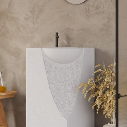 34" Japandi Tall Stone Resin Pedestal Sink with Rounded Basin Freestanding in White