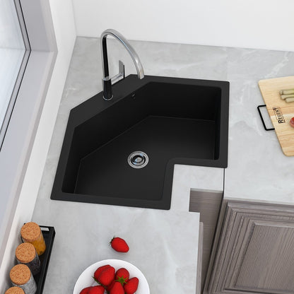 25" Black Drop In Corner Kitchen Sink Modern Single Bowl Quartz Irregular Sink