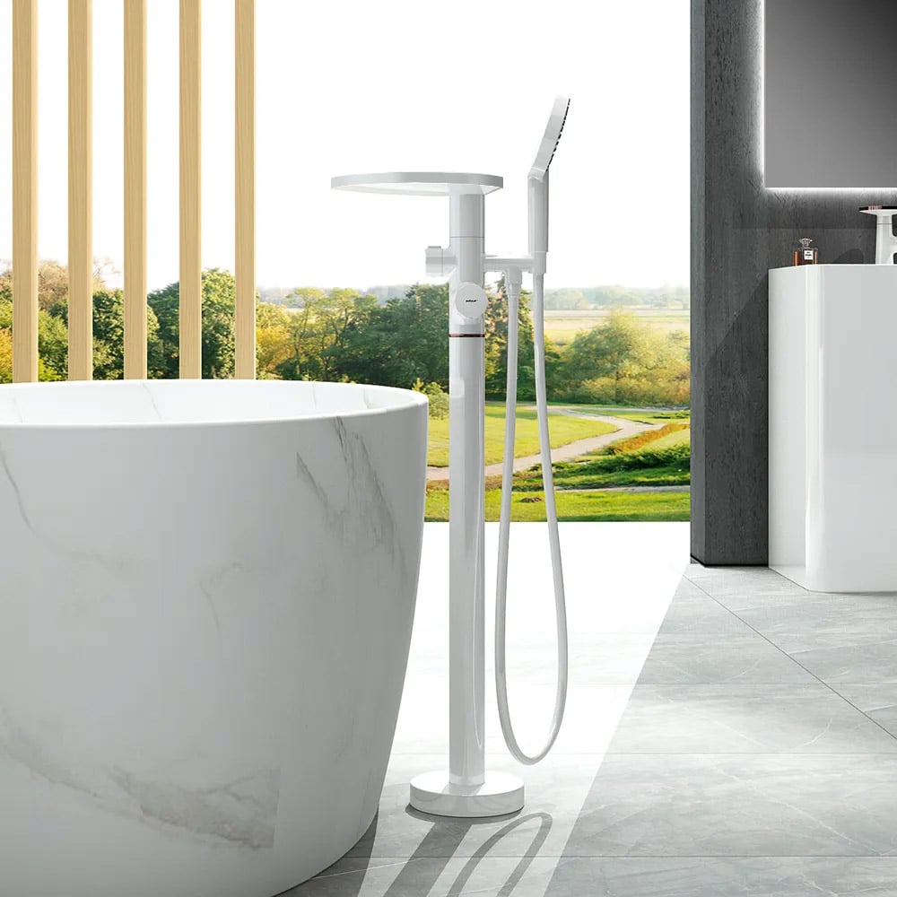 Floor Mounted Tub Faucet with Handshower & Stone Top in White & Rose Gold