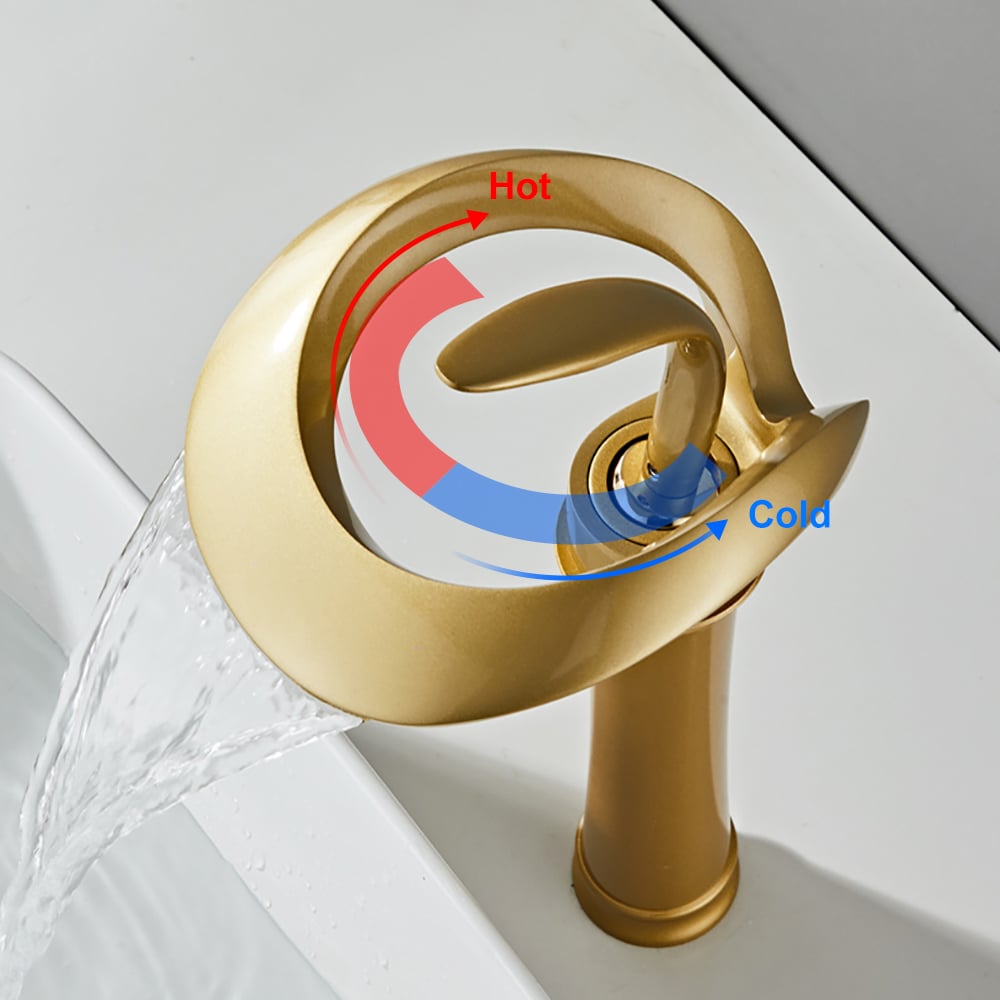 Modern Elegant Waterfall Bathroom Vessel Sink Faucet Single Handle Solid Brass in Gold