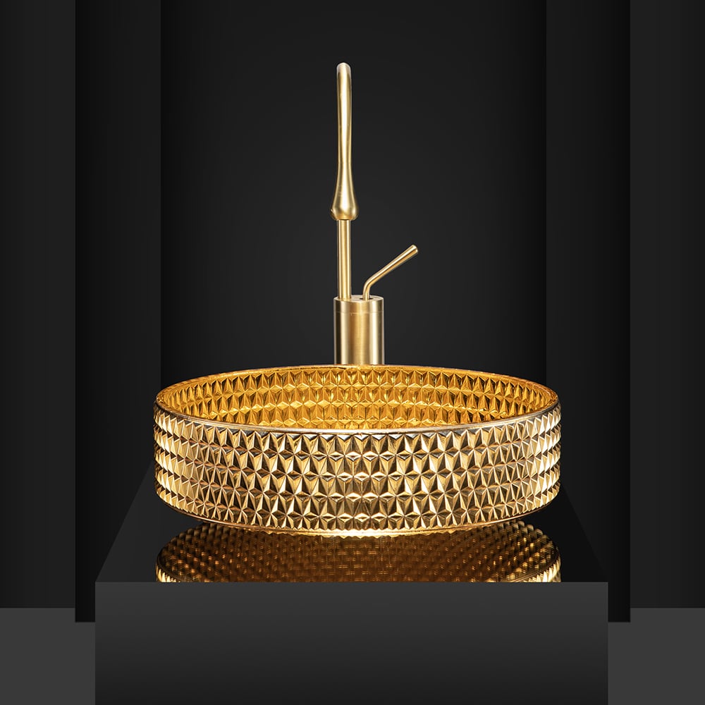 15" Modern Luxury Diamond Shaped Crystal Glass Bathroom Vessel Sink in Gold