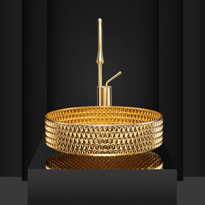 15" Modern Luxury Diamond Shaped Crystal Glass Bathroom Vessel Sink in Gold