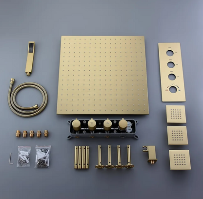 16" Thermostatic Rain Shower System with Hand Shower & 3 Body Jet Sprays in Brushed Gold