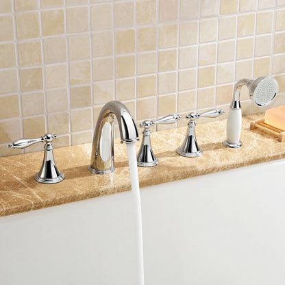 Deck Mounted Roman Bathtub Faucet with Handshower Solid Brass in Chrome
