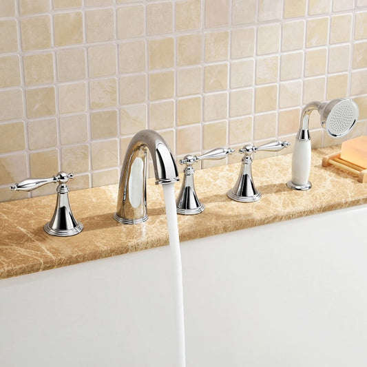 Deck Mounted Roman Bathtub Faucet with Handshower Solid Brass in Chrome