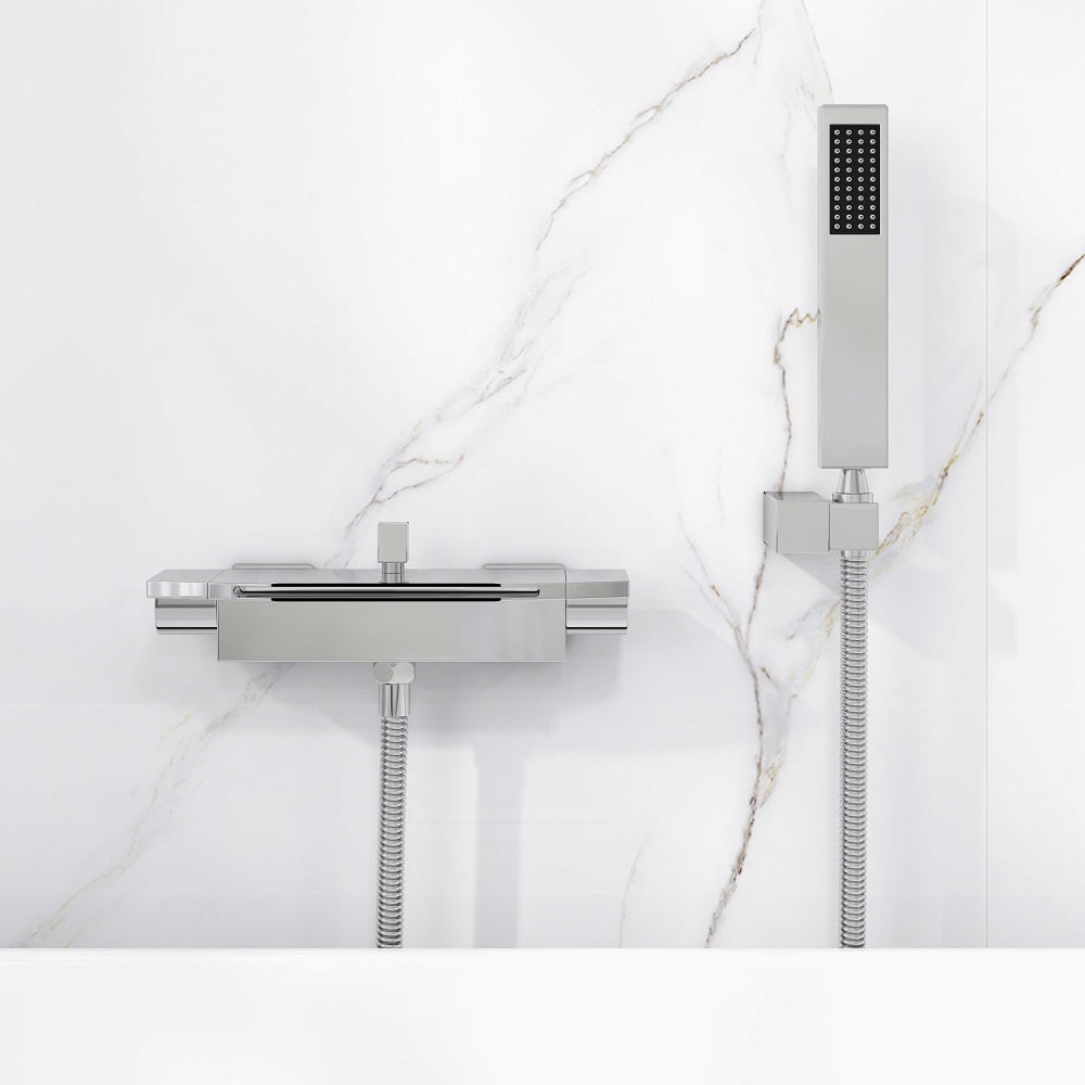 Contemporary Wall Mount Waterfall 2-Handle Chrome Bathtub Filler Faucet with Hand Shower