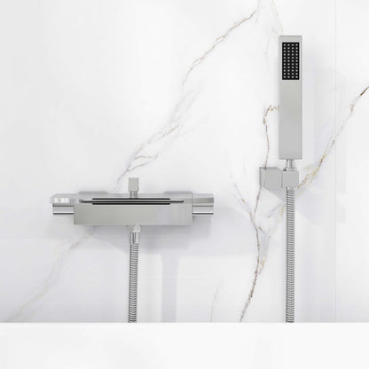 Contemporary Wall Mount Waterfall 2-Handle Chrome Bathtub Filler Faucet with Hand Shower
