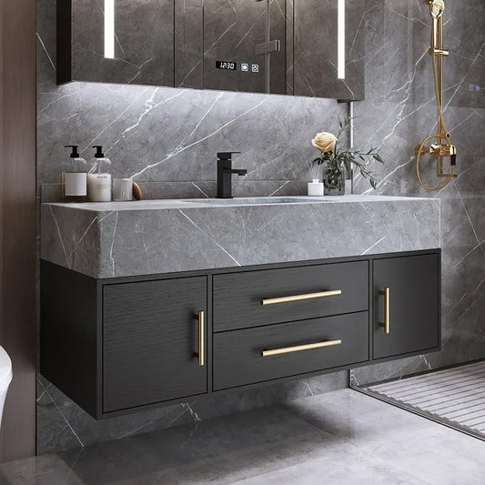 Modern 39" Black Floating Single Bathroom Vanity with Sintered Stone Top and Sink