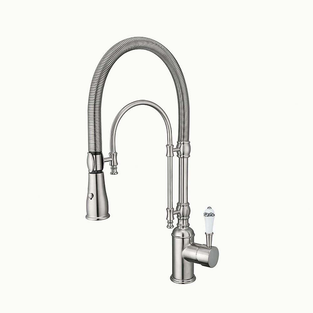 High Arc Dual-Mode Pull-Down Kitchen Faucet Solid Brass with Porcelain Handle