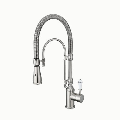 High Arc Dual-Mode Pull-Down Kitchen Faucet Solid Brass with Porcelain Handle