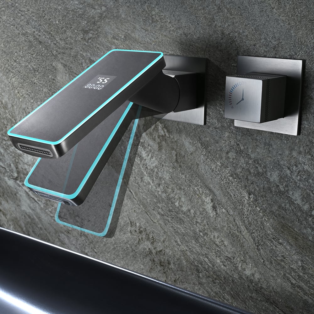 Led Digital Temperature Display Bathroom Rotating Faucet in Dark Gray