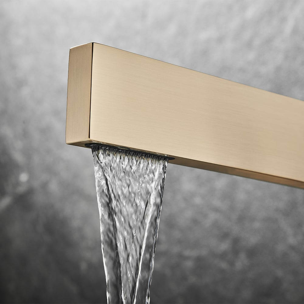 Brushed Gold Ultra-Thin Single Handle Waterfall Bathroom Vessel Sink Faucet Solid Brass
