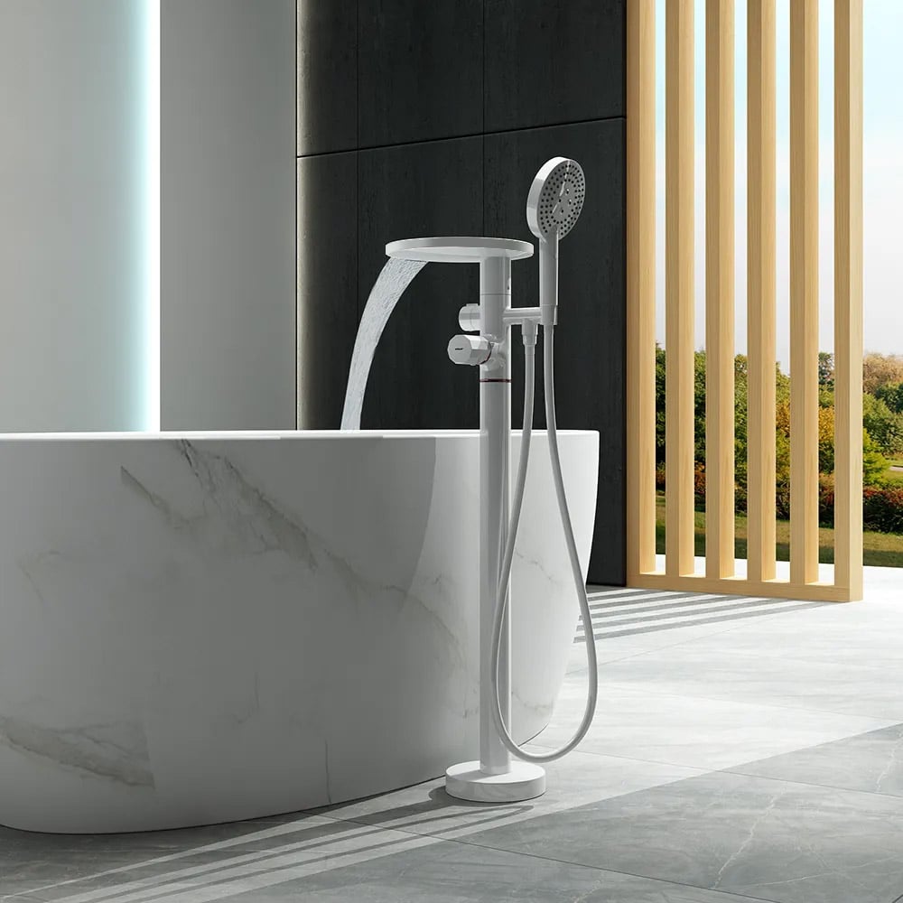 Floor Mounted Tub Faucet with Handshower & Stone Top in White & Rose Gold