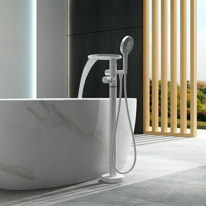 Floor Mounted Tub Faucet with Handshower & Stone Top in White & Rose Gold