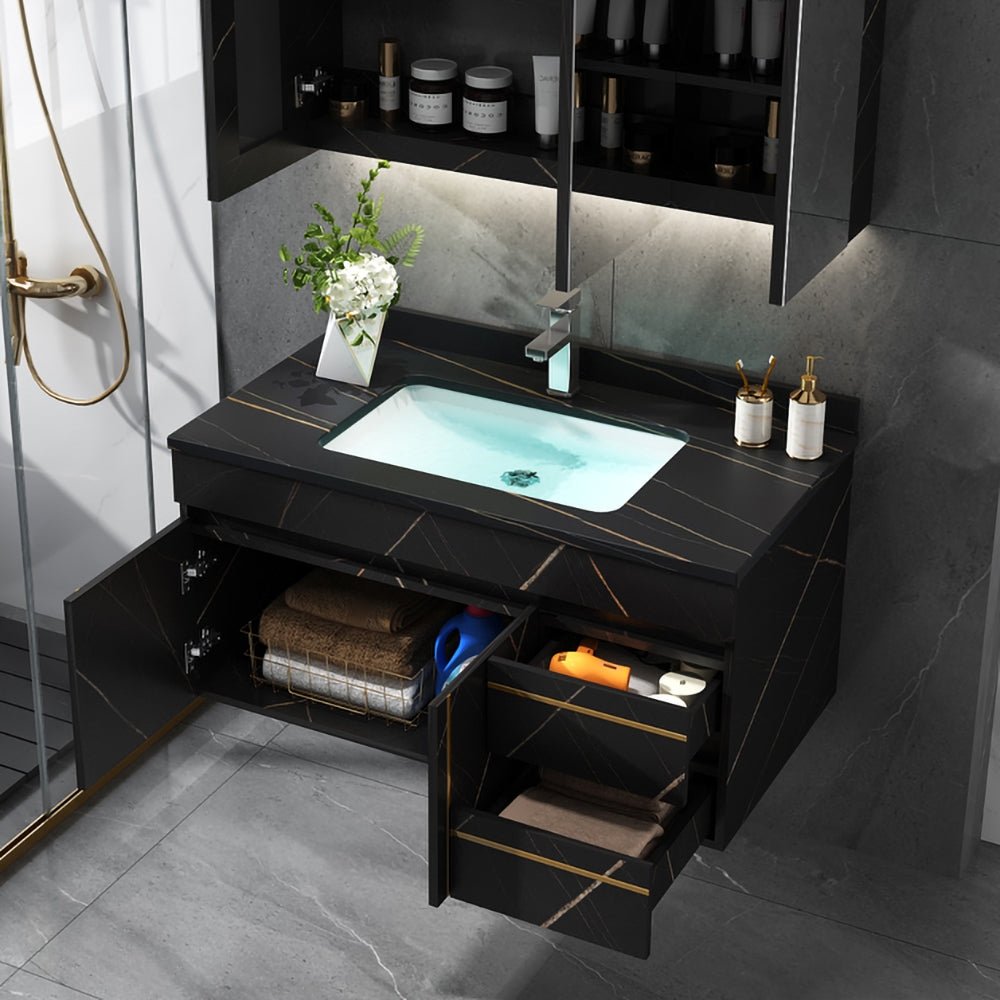35" Floating Bathroom Vanity Faux Marble with Single Ceramic Sink Black