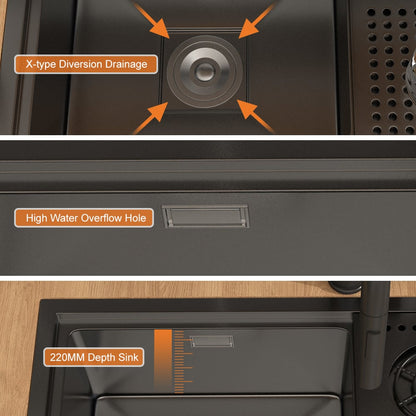 Drop-in Kitchen Sink With High-pressure Cup Rinser Glass Washer Stainless Steel in Black
