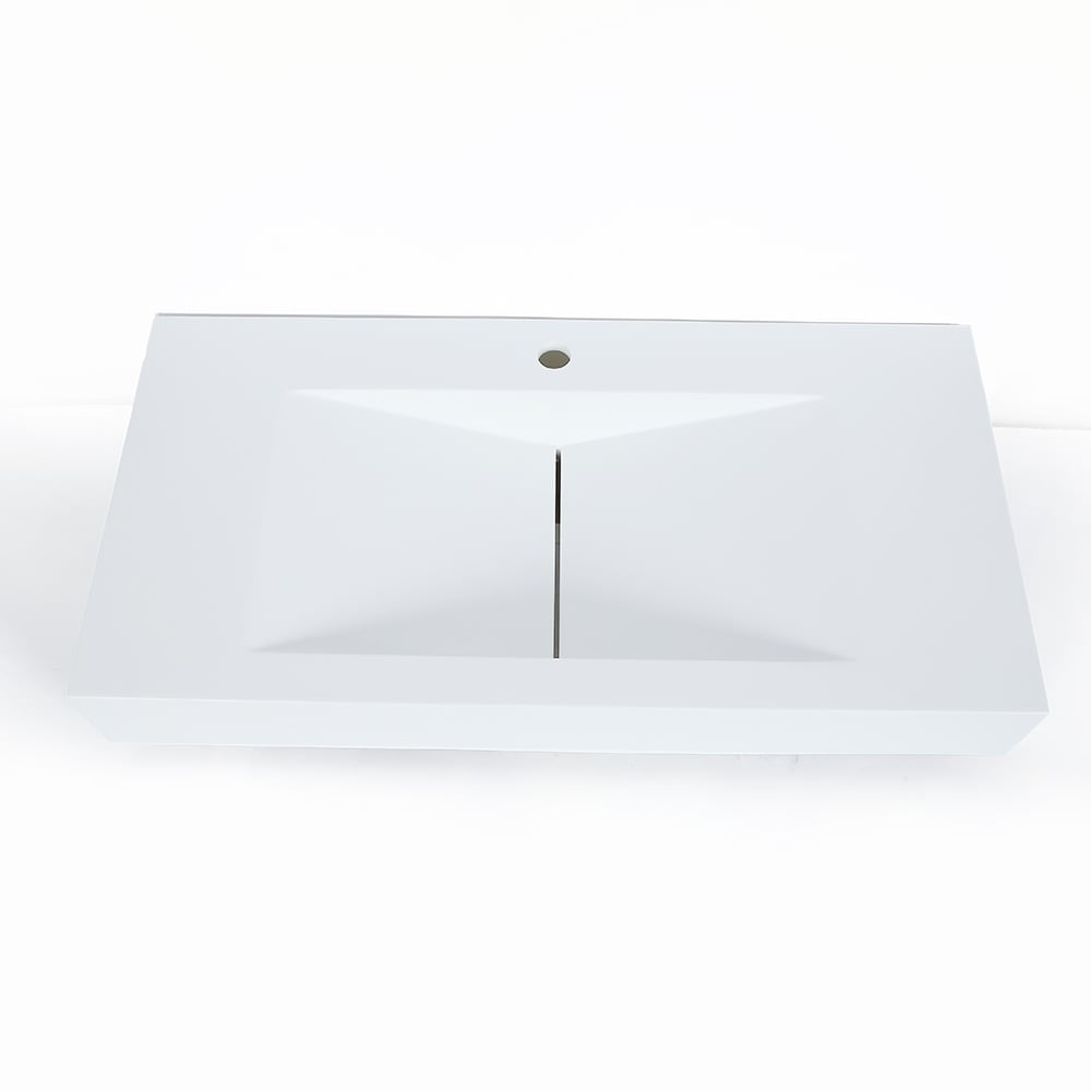 Glossy White Wall-Mount Floating Sink Solid Surface Stone Resin Bathroom V-Shaped Sink