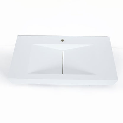 Glossy White Wall-Mount Floating Sink Solid Surface Stone Resin Bathroom V-Shaped Sink