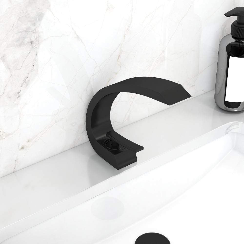 Modern Single Hole 1-Handle C-Shaped Curved Spout Bathroom Sink Faucet with Pop Up Drain in Matte Black