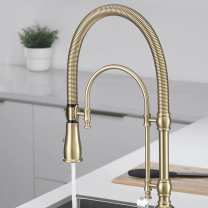Brushed Gold High Arc Dual-Mode Pull-Down Kitchen Faucet Solid Brass Porcelain Handle