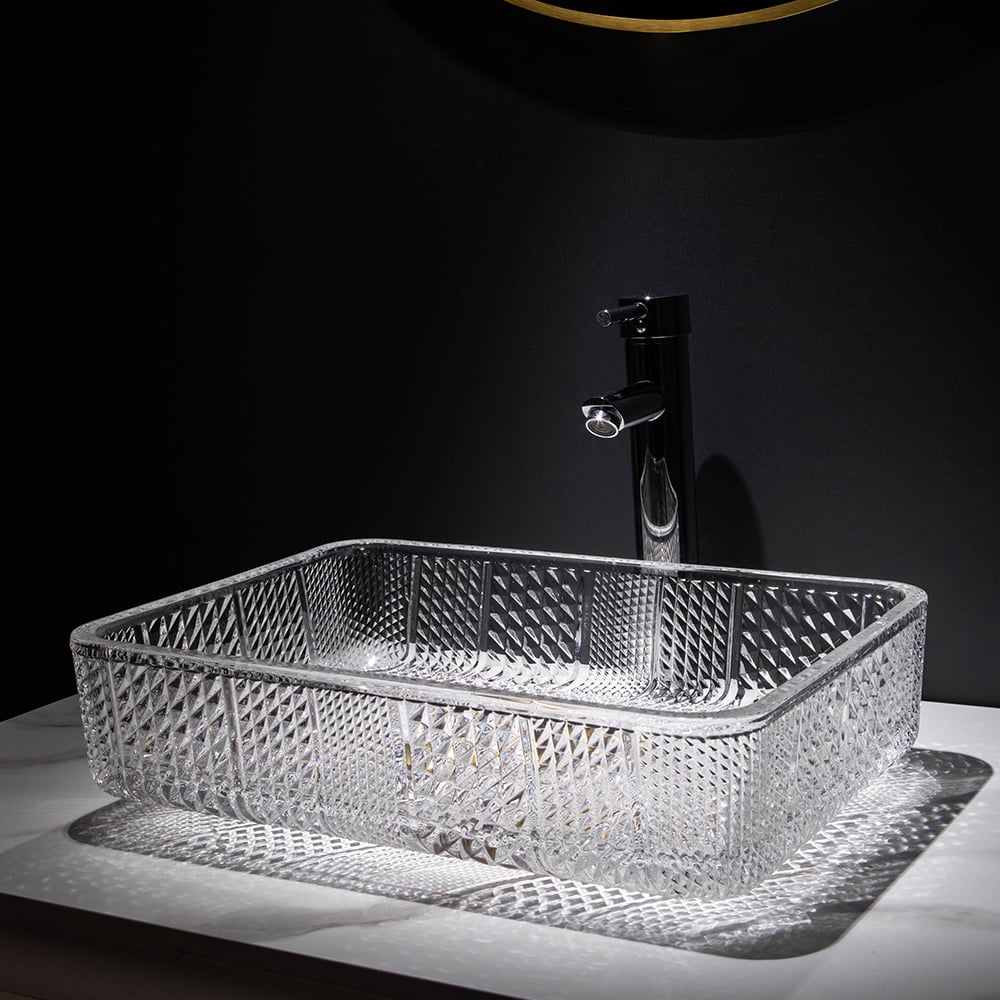 Modern Glass Rectangle Transparent Bathroom Vessel Sink Clear Wash Sink with Drain