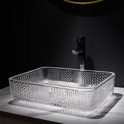 Modern Glass Rectangle Transparent Bathroom Vessel Sink Clear Wash Sink with Drain